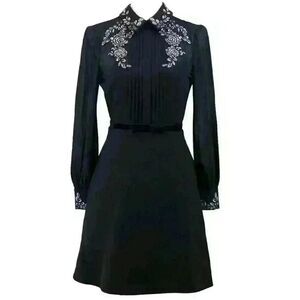 Ted Baker London Black Chiffon Long Sleeve Embroidered Mini‎ Dress Size 0